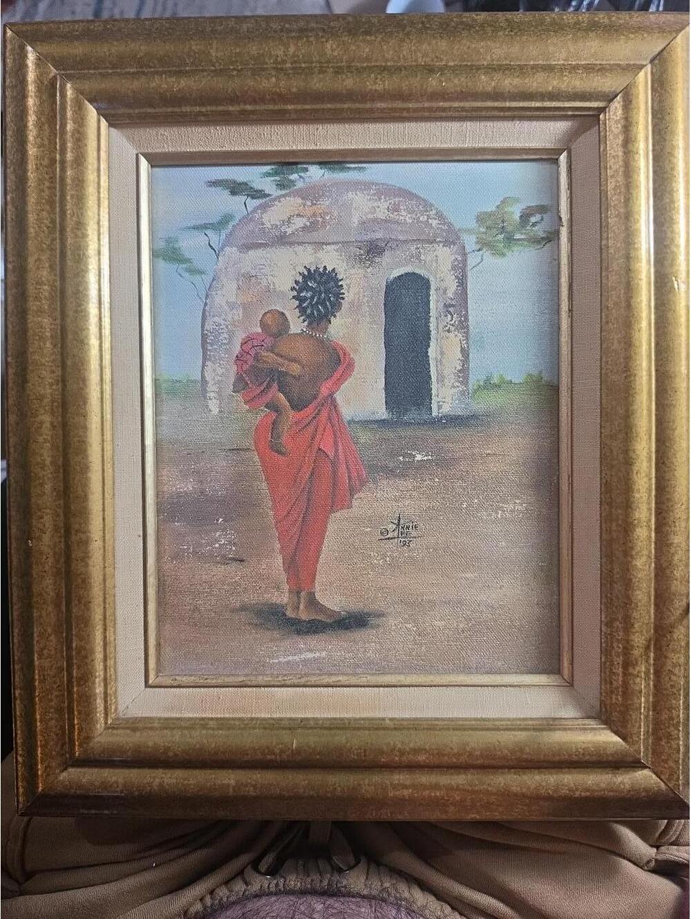 Annie Lee Original Signed Painting 1993 Woman Carrying Child with Hut